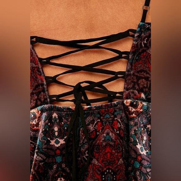 Urban Outfitters Ecote LACE-UP Boho Print Velvet FIT & FLARE Dress Black S - Picture 4 of 13